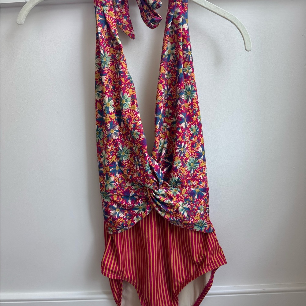 Anthropologie Floral and Striped One Piece Swimsuit - Red and Blue